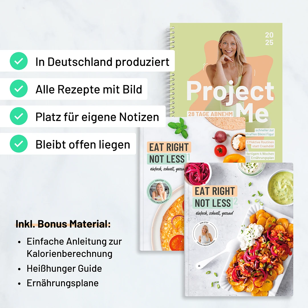 Inhalte des Abnehm-Sets inkl. Rezeptbuch, Notizfunktion, Kalorien-Guide und Bonusmaterial
