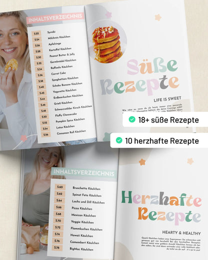 Quark Käulchen Bibel – Inhaltsverzeichnis mit 18+ süßen Rezepten wie Syrniki, Cinnamon Roll und Fluffy Cheesecake sowie 10 herzhaften Rezepten wie Pizza, Lachs-Dill und BigMac Käulchen