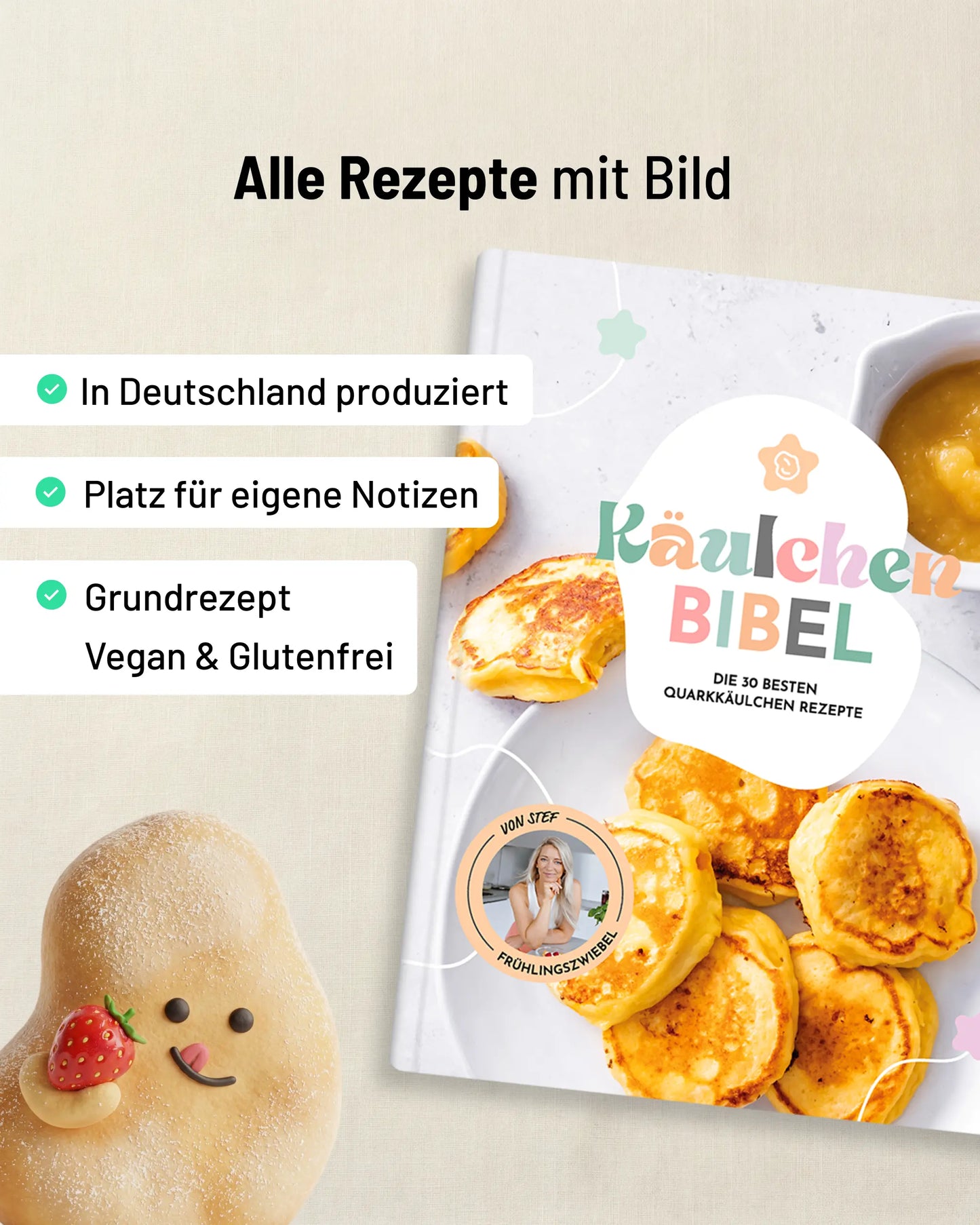 Quark Käulchen Bibel von Frühlingszwiebel – 30 Quarkkäulchen-Rezepte mit Bild, in Deutschland produziert, vegan und glutenfrei, mit Platz für eigene Notizen